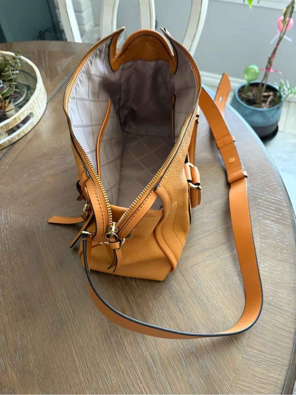 Michael Kors Carine Pebbled Leather Satchel in Tan Brown